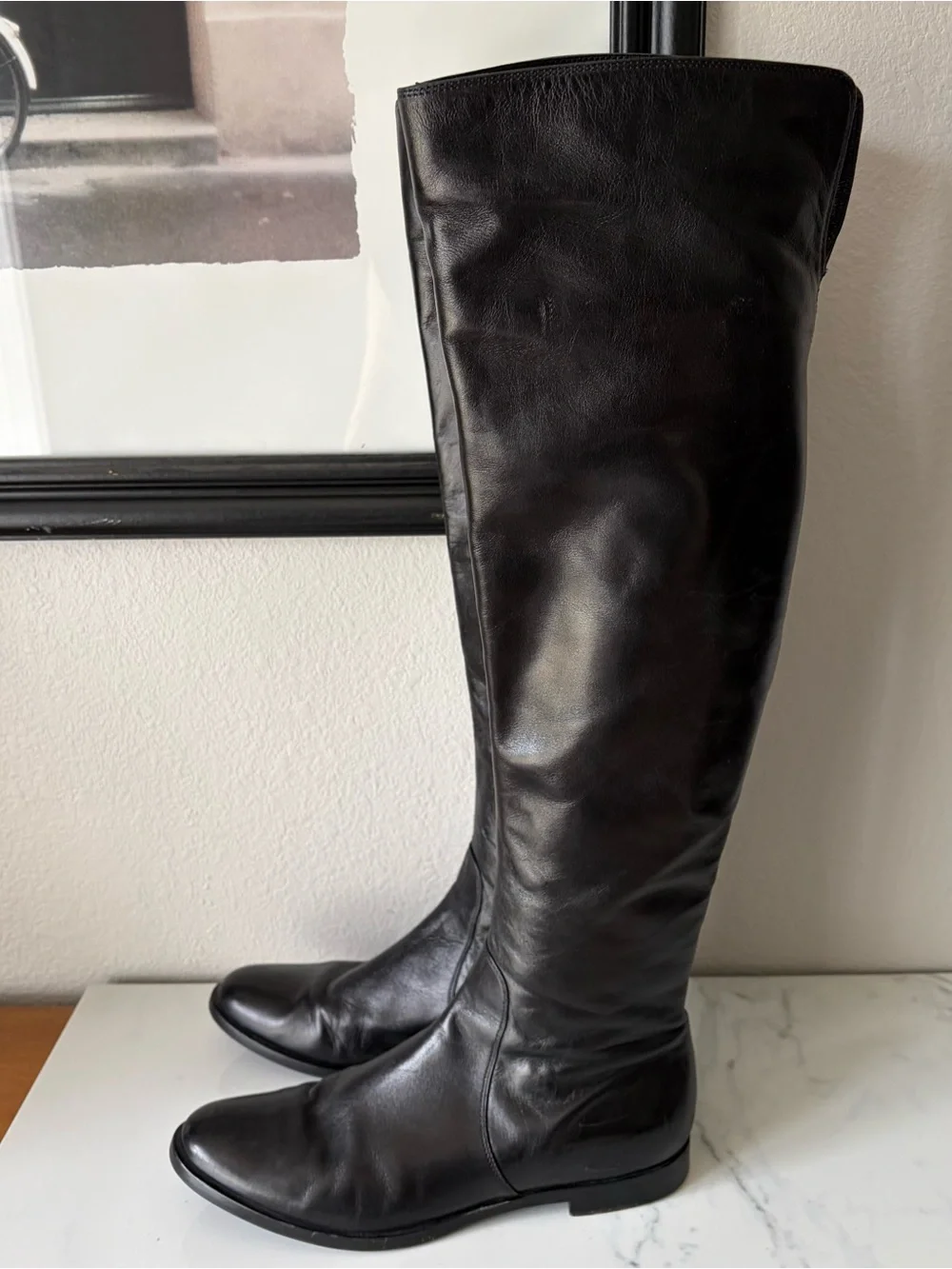 Sergio Rossi Black Leather Over the Knee Boots Side Zip Round Toe w7.5